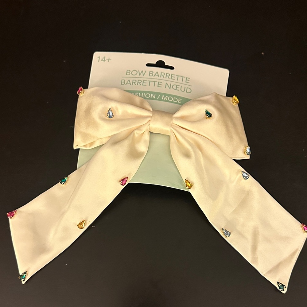 Bow Barrette Hair Clip - Cream Bow with Multicolor Gems